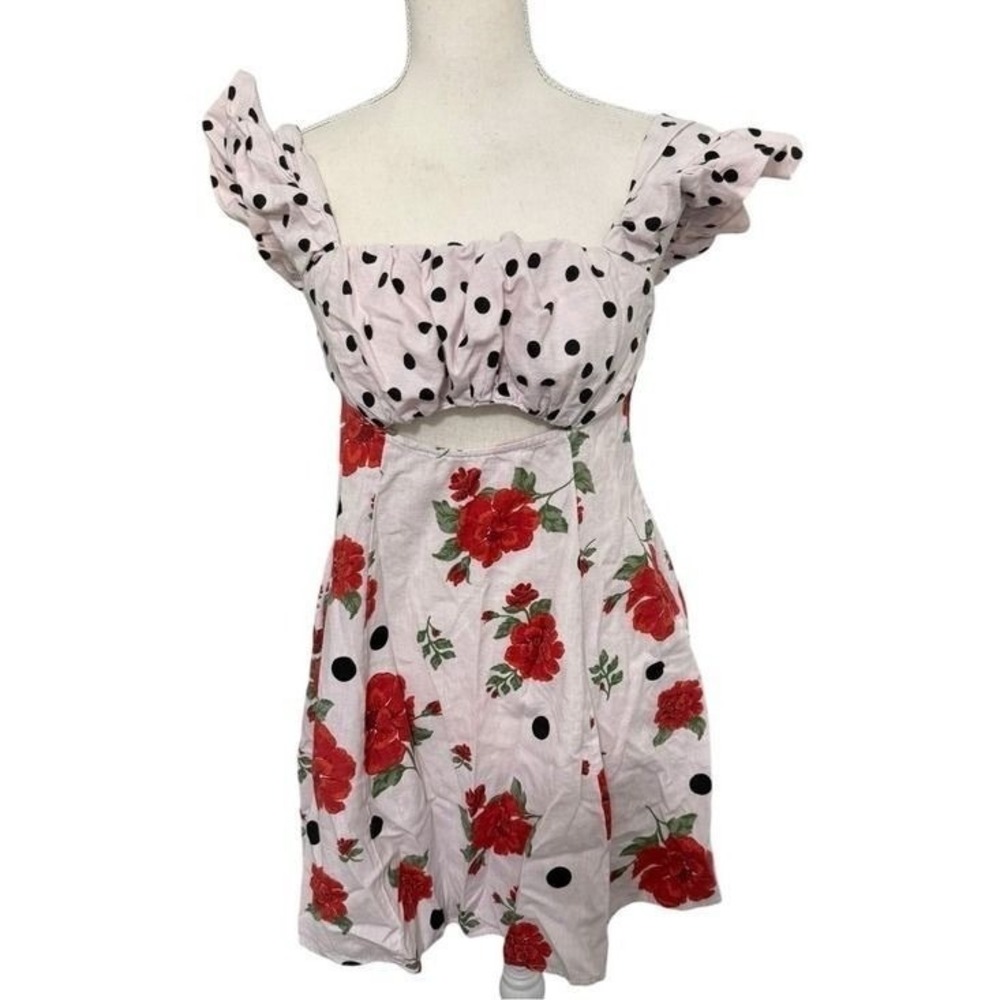 Free People Rose Polka Dot Mini Dress Pink Red Floral Cutout Smocked XS